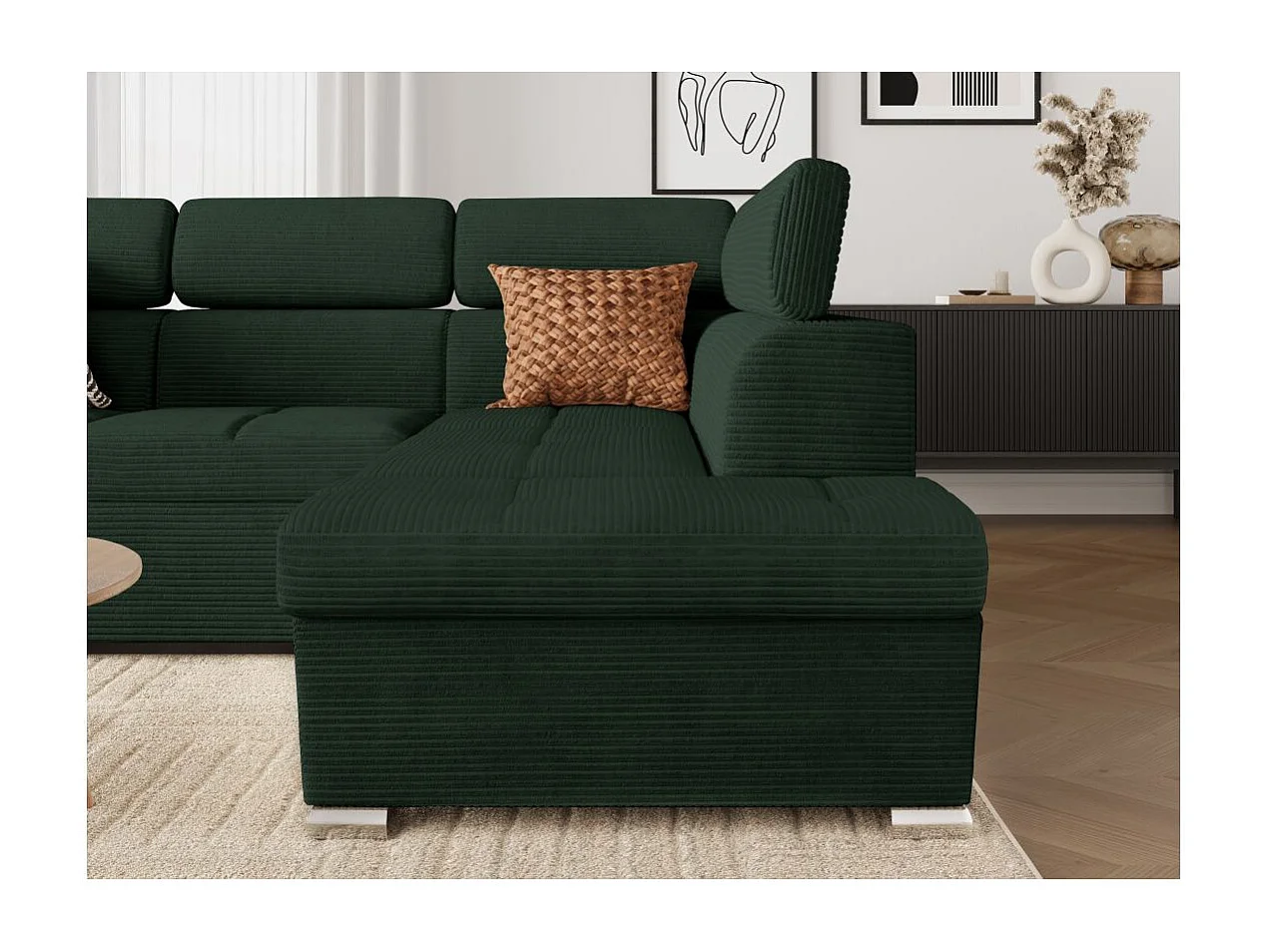 Canapé d'angle droit 4 places Paola convertible avec coffre en velours côtelé - Vert foncé - L252 x P188 x H76cm - Loungitude