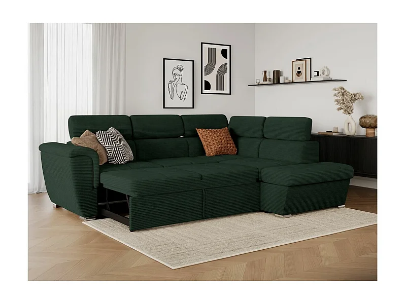 Canapé d'angle droit 4 places Paola convertible avec coffre en velours côtelé - Vert foncé - L252 x P188 x H76cm - Loungitude