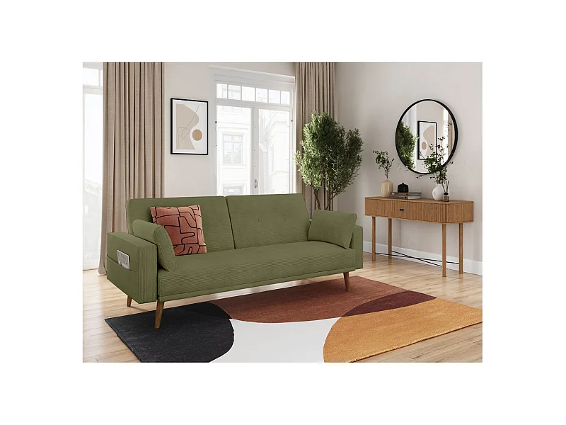 Canapé droit scandinave Elga convertible 3 places en velours côtelé - Vert foncé - L205 x P85 x H87cm - Loungitude