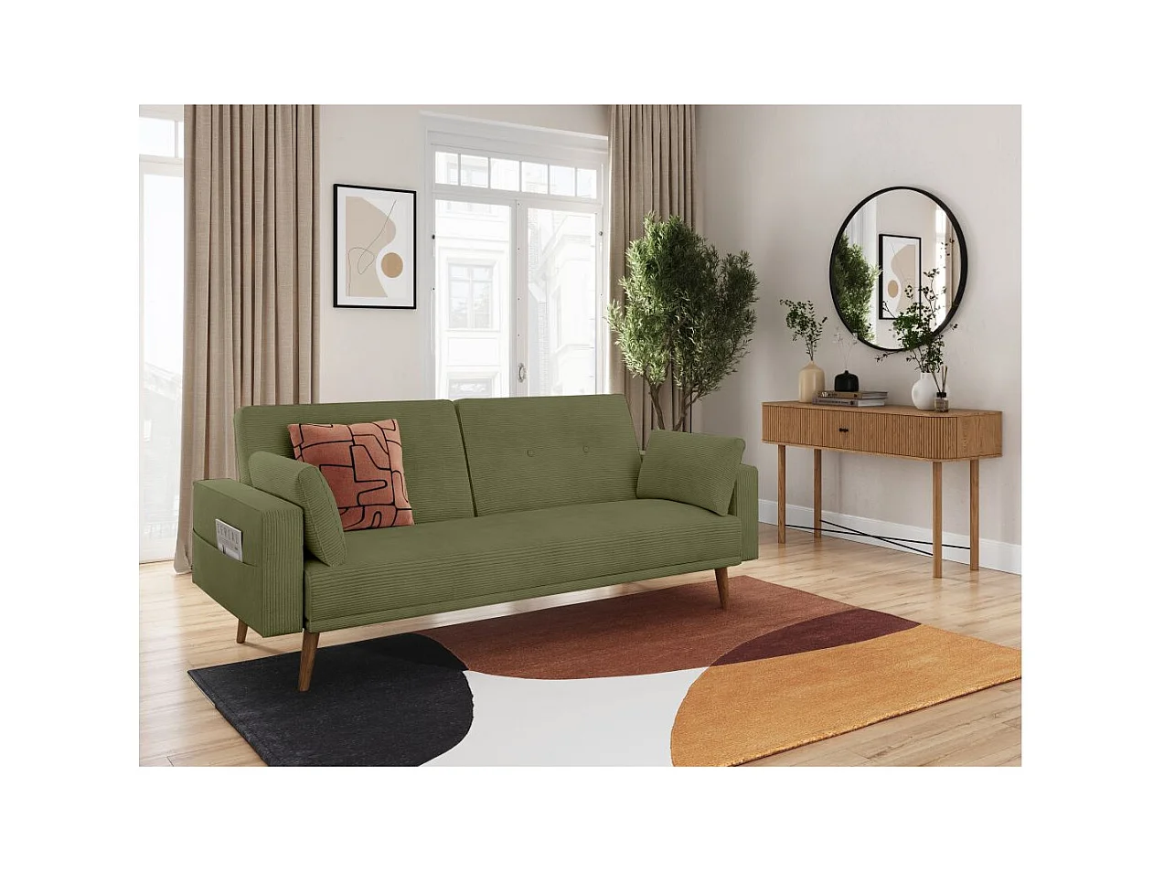 Canapé droit scandinave Elga convertible 3 places en velours côtelé - Vert foncé - L205 x P85 x H87cm - Loungitude