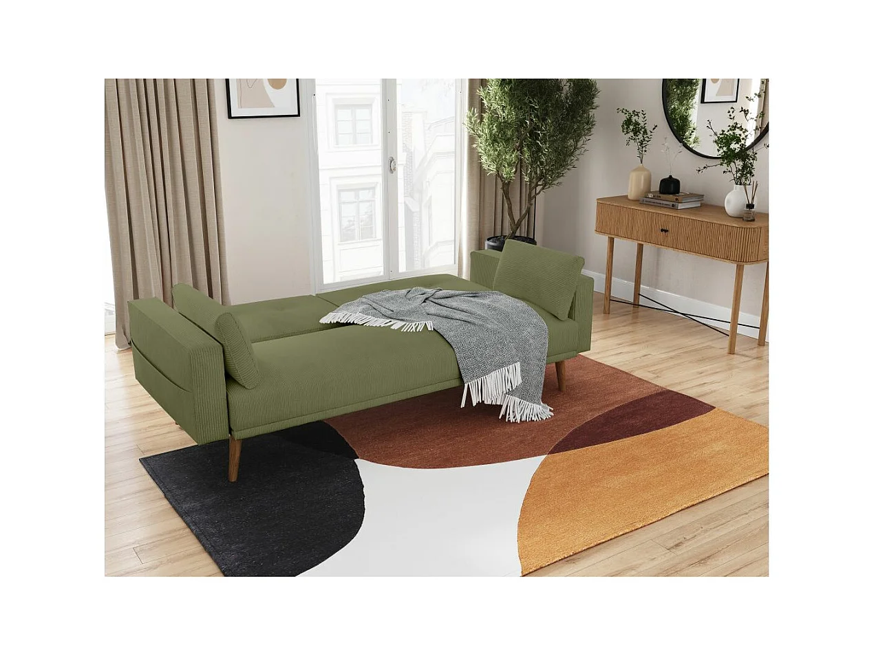 Canapé droit scandinave Elga convertible 3 places en velours côtelé - Vert foncé - L205 x P85 x H87cm - Loungitude