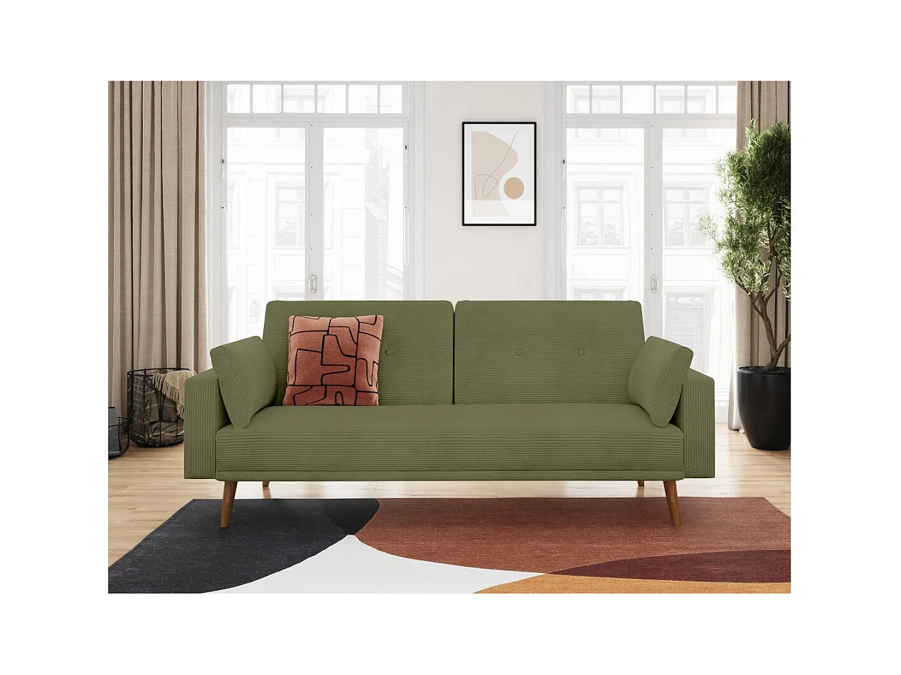 Canapé droit scandinave Elga convertible 3 places en velours côtelé - Vert foncé - L205 x P85 x H87cm - Loungitude