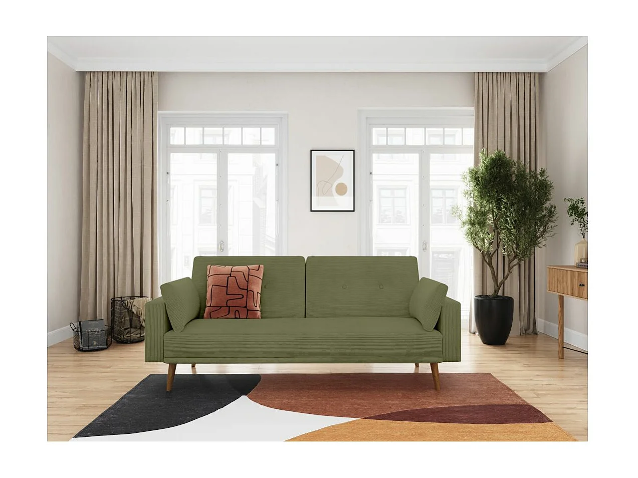 Canapé droit scandinave Elga convertible 3 places en velours côtelé - Vert foncé - L205 x P85 x H87cm - Loungitude