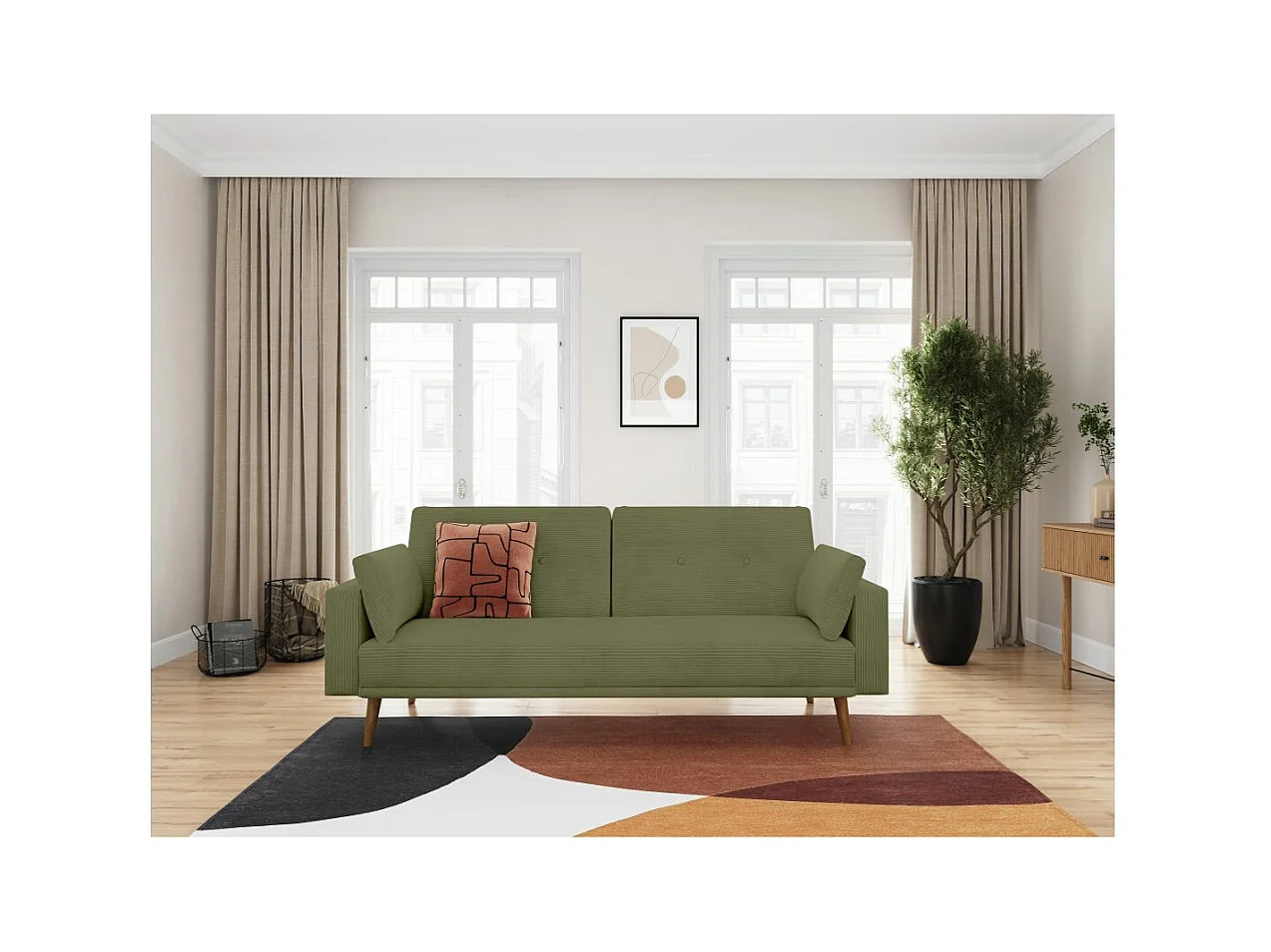 Canapé droit scandinave Elga convertible 3 places en velours côtelé - Vert foncé - L205 x P85 x H87cm - Loungitude