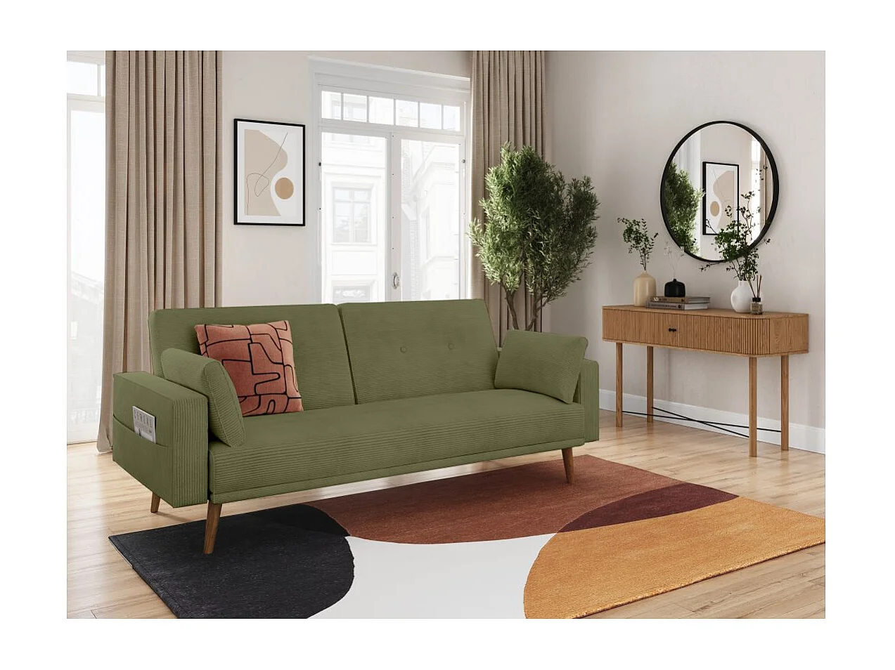 Canapé droit scandinave Elga convertible 3 places en velours côtelé - Vert foncé - L205 x P85 x H87cm - Loungitude