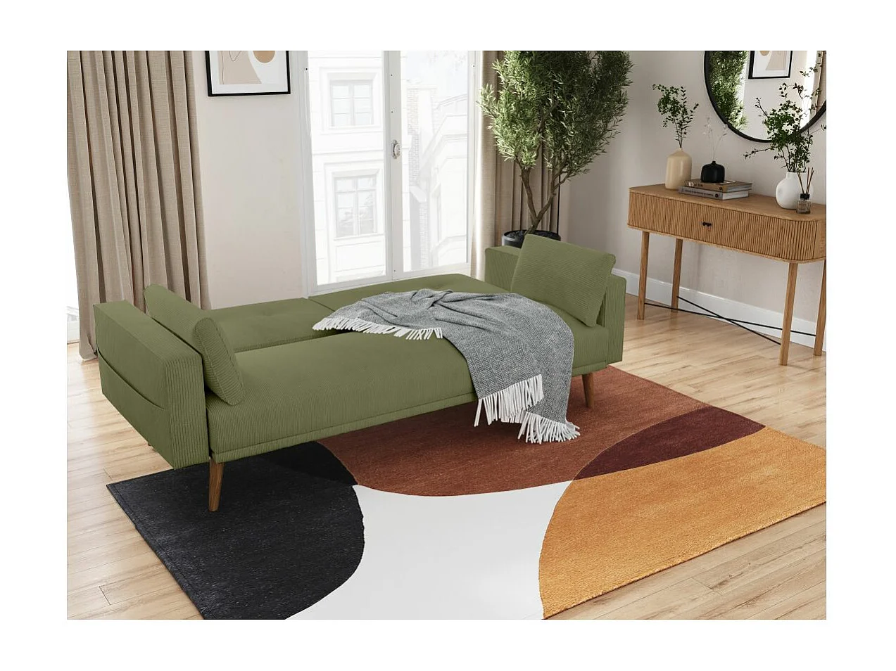 Canapé droit scandinave Elga convertible 3 places en velours côtelé - Vert foncé - L205 x P85 x H87cm - Loungitude
