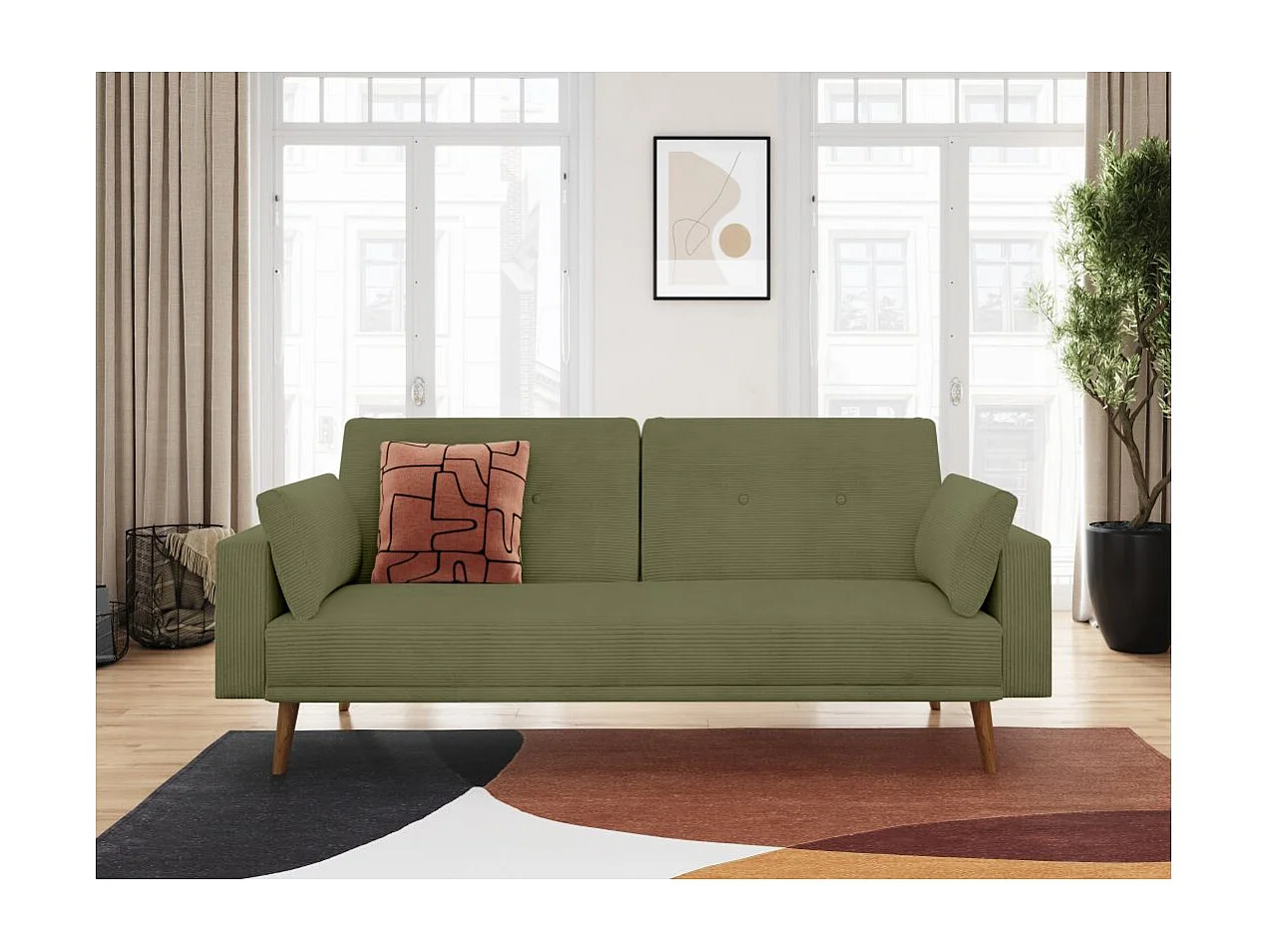 Canapé droit scandinave Elga convertible 3 places en velours côtelé - Vert foncé - L205 x P85 x H87cm - Loungitude