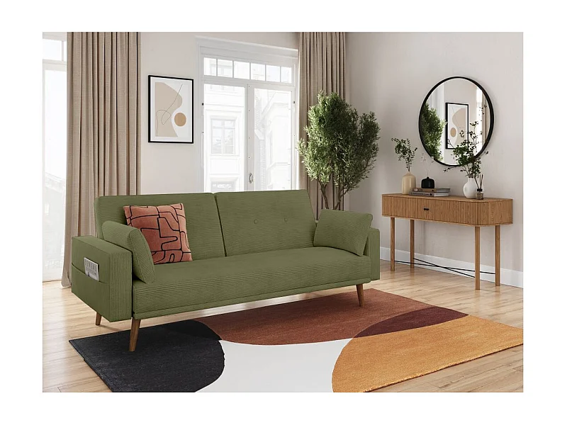 Canapé droit scandinave Elga convertible 3 places en velours côtelé - Vert foncé - L205 x P85 x H87cm - Loungitude