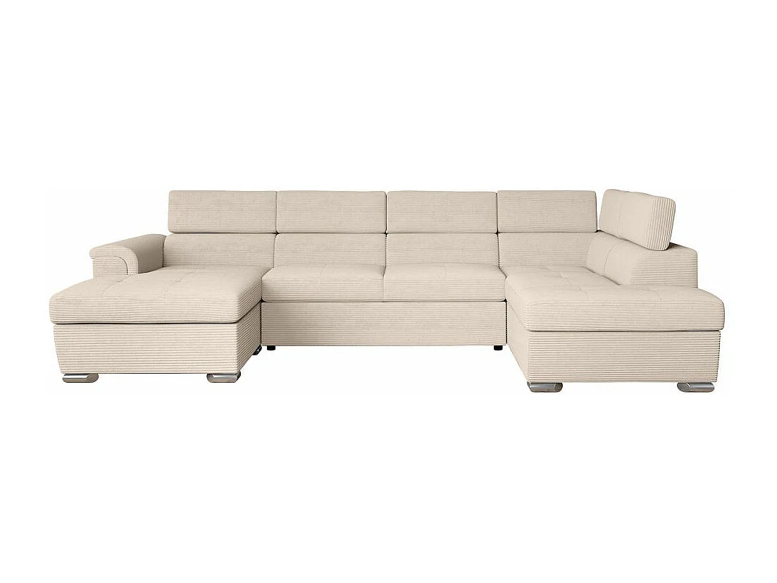 Canapé panoramique 6 places Paola convertible avec 2 coffres en velours côtelé - Beige - L320,5 x P188 x H76cm - Loungitude