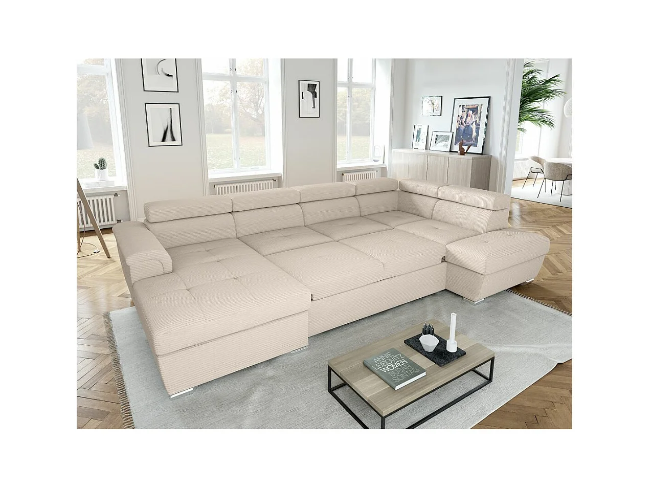 Canapé panoramique 6 places Paola convertible avec 2 coffres en velours côtelé - Beige - L320,5 x P188 x H76cm - Loungitude