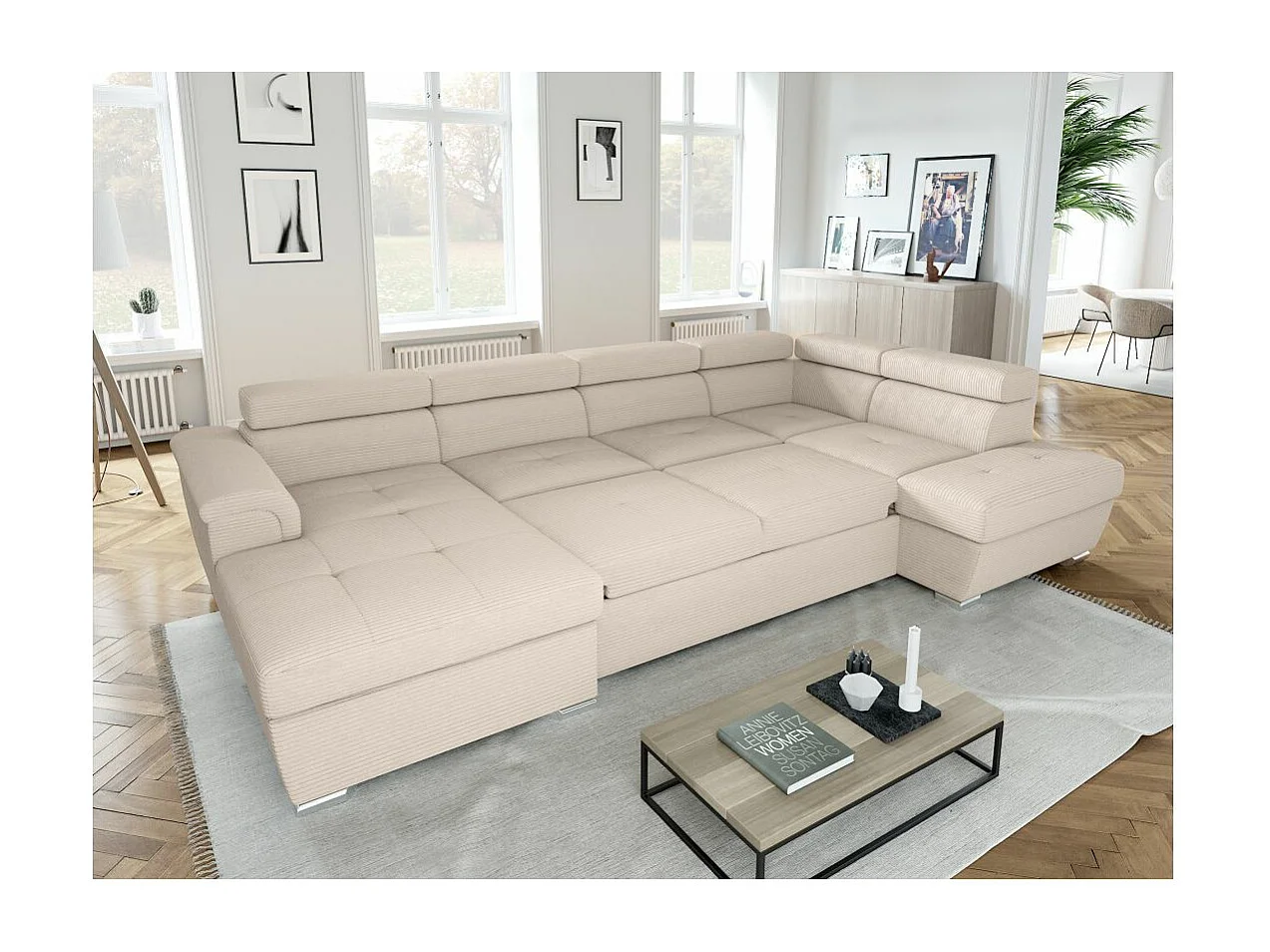 Canapé panoramique 6 places Paola convertible avec 2 coffres en velours côtelé - Beige - L320,5 x P188 x H76cm - Loungitude