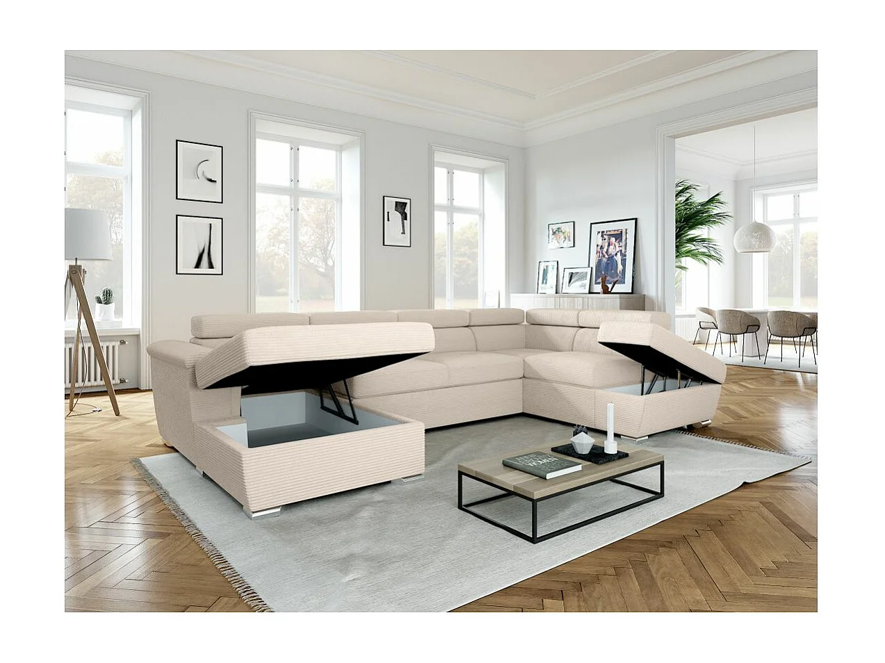 Canapé panoramique 6 places Paola convertible avec 2 coffres en velours côtelé - Beige - L320,5 x P188 x H76cm - Loungitude