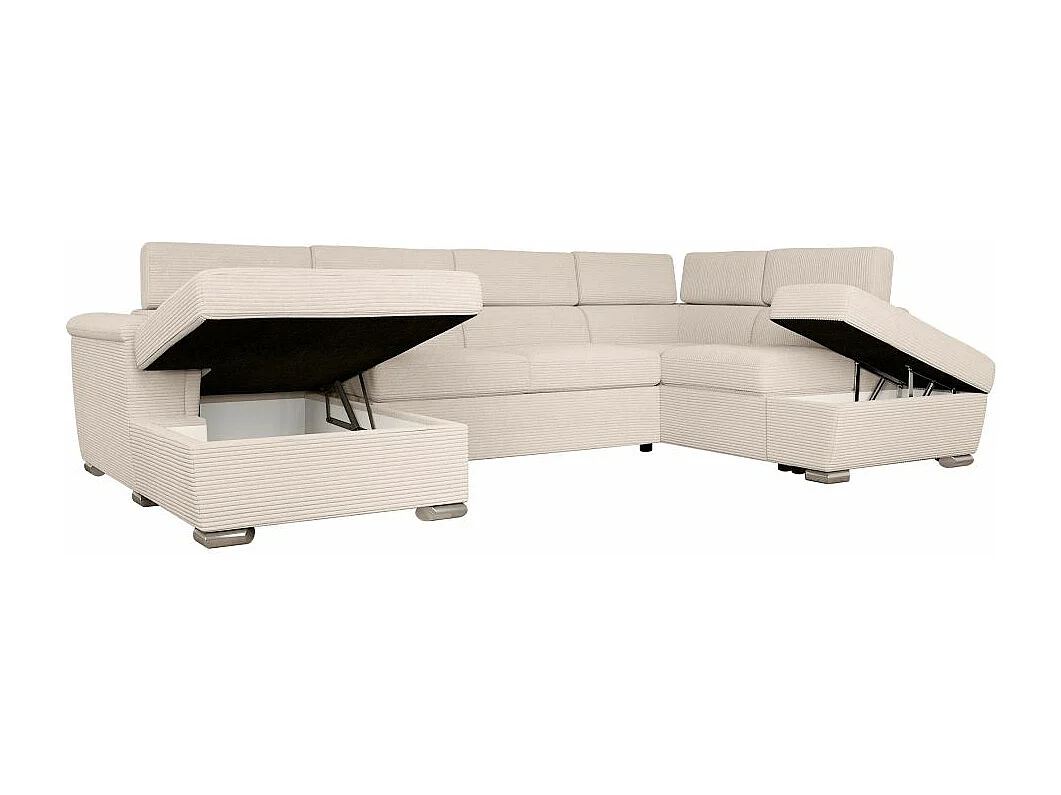 Canapé panoramique 6 places Paola convertible avec 2 coffres en velours côtelé - Beige - L320,5 x P188 x H76cm - Loungitude