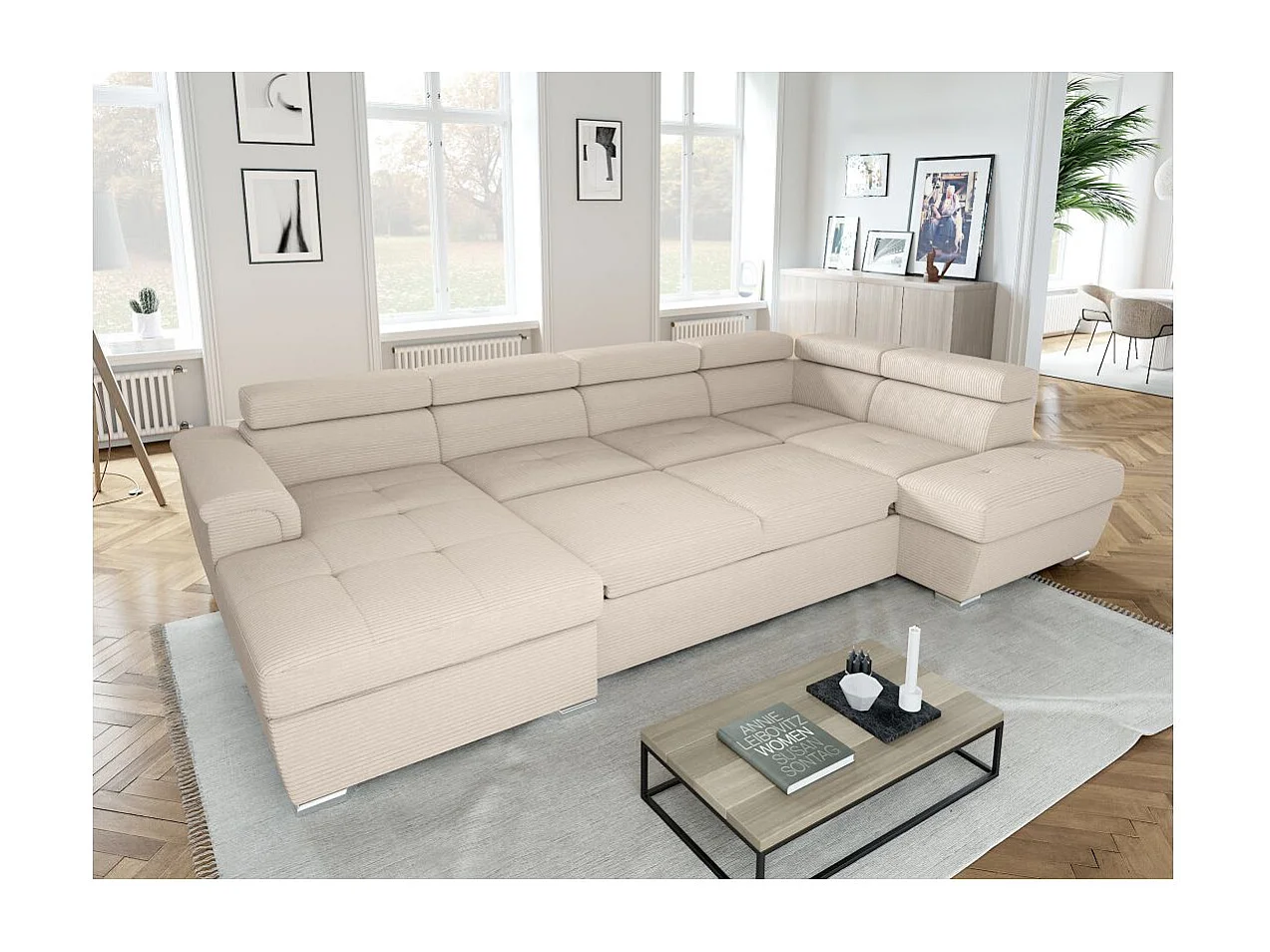 Canapé panoramique 6 places Paola convertible avec 2 coffres en velours côtelé - Beige - L320,5 x P188 x H76cm - Loungitude