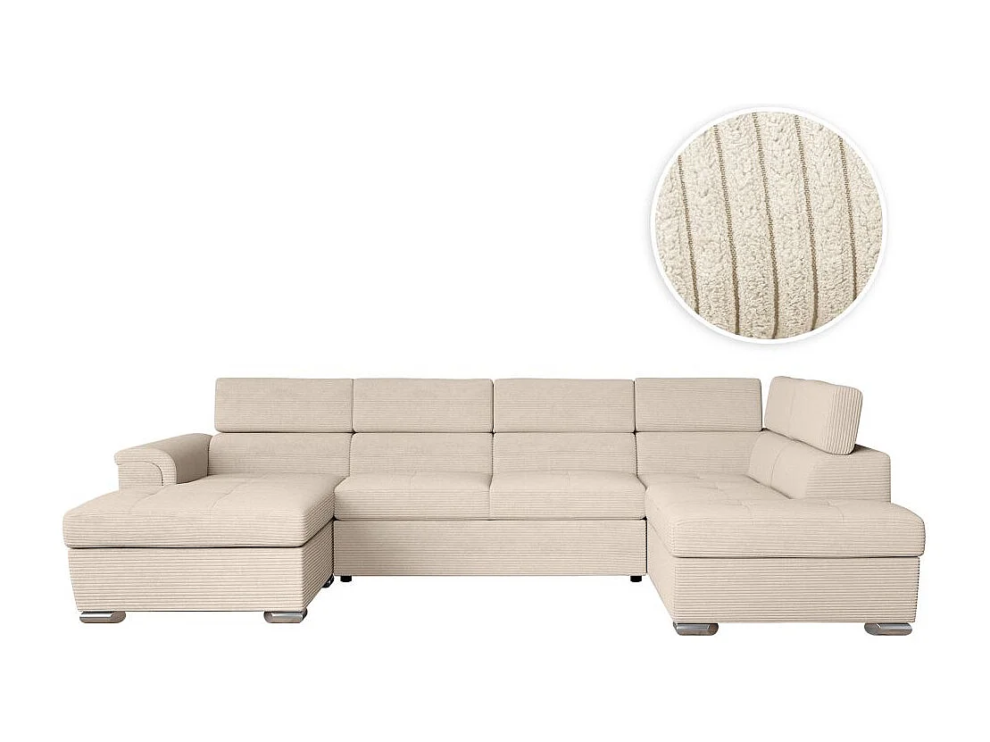 Canapé panoramique 6 places Paola convertible avec 2 coffres en velours côtelé - Beige - L320,5 x P188 x H76cm - Loungitude