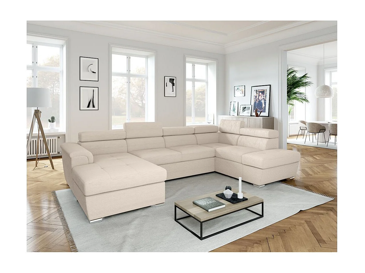 Canapé panoramique 6 places Paola convertible avec 2 coffres en velours côtelé - Beige - L320,5 x P188 x H76cm - Loungitude