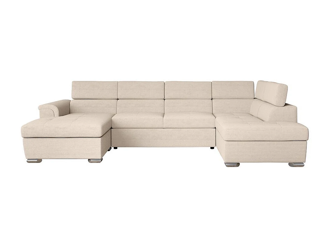 Canapé panoramique 6 places Paola convertible avec 2 coffres en velours côtelé - Beige - L320,5 x P188 x H76cm - Loungitude