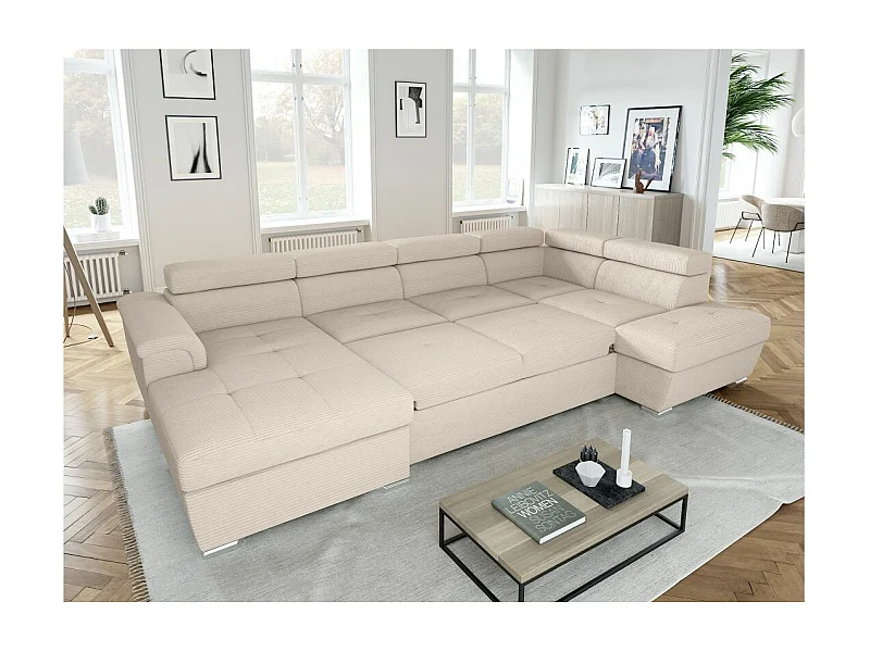 Canapé panoramique 6 places Paola convertible avec 2 coffres en velours côtelé - Beige - L320,5 x P188 x H76cm - Loungitude