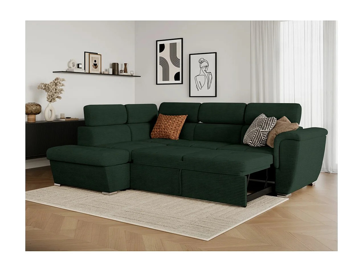 Canapé d'angle gauche 4 places Paola convertible avec coffre en velours côtelé - Vert foncé - L252 x P188 x H76cm - Loungitude