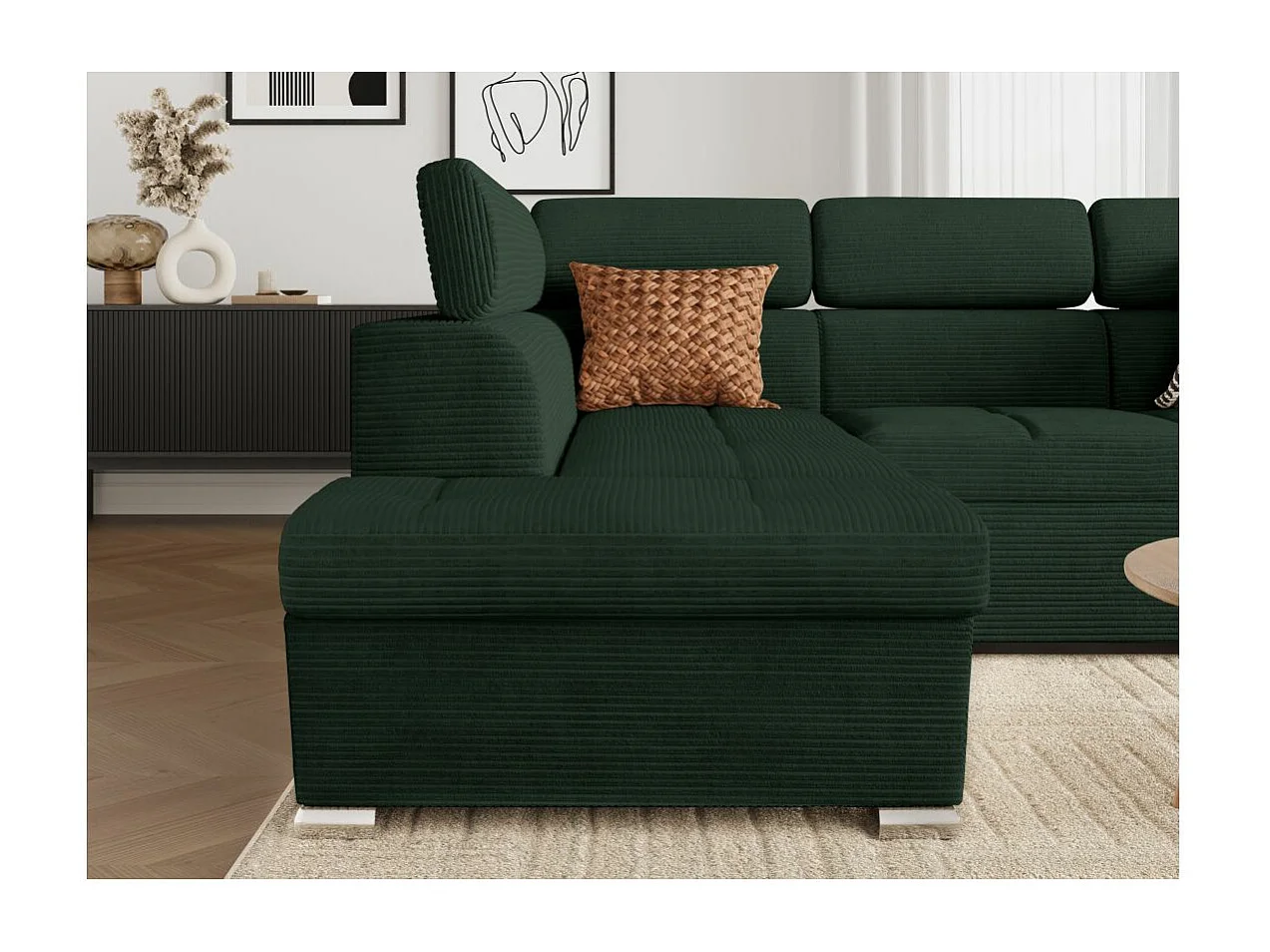 Canapé d'angle gauche 4 places Paola convertible avec coffre en velours côtelé - Vert foncé - L252 x P188 x H76cm - Loungitude