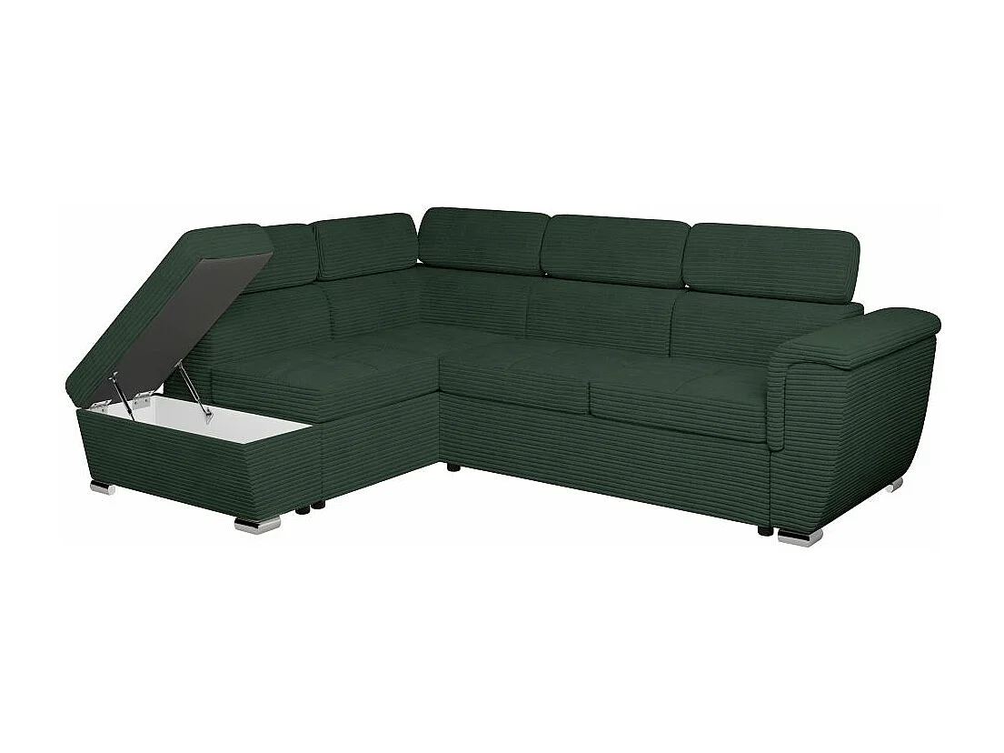 Canapé d'angle gauche 4 places Paola convertible avec coffre en velours côtelé - Vert foncé - L252 x P188 x H76cm - Loungitude