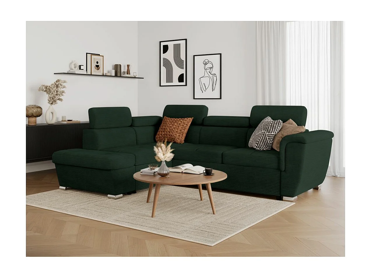 Canapé d'angle gauche 4 places Paola convertible avec coffre en velours côtelé - Vert foncé - L252 x P188 x H76cm - Loungitude