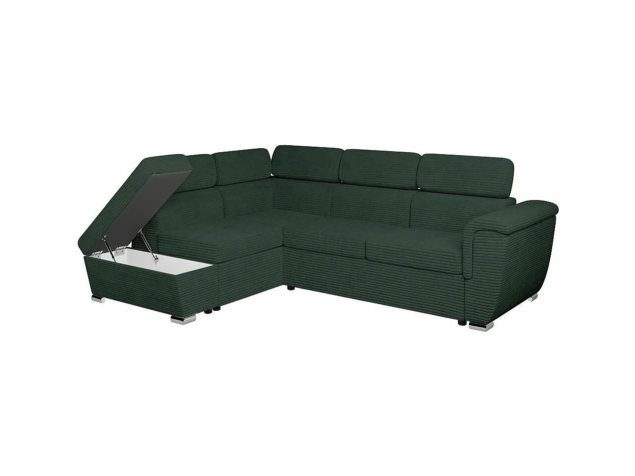 Canapé d'angle gauche 4 places Paola convertible avec coffre en velours côtelé - Vert foncé - L252 x P188 x H76cm - Loungitude