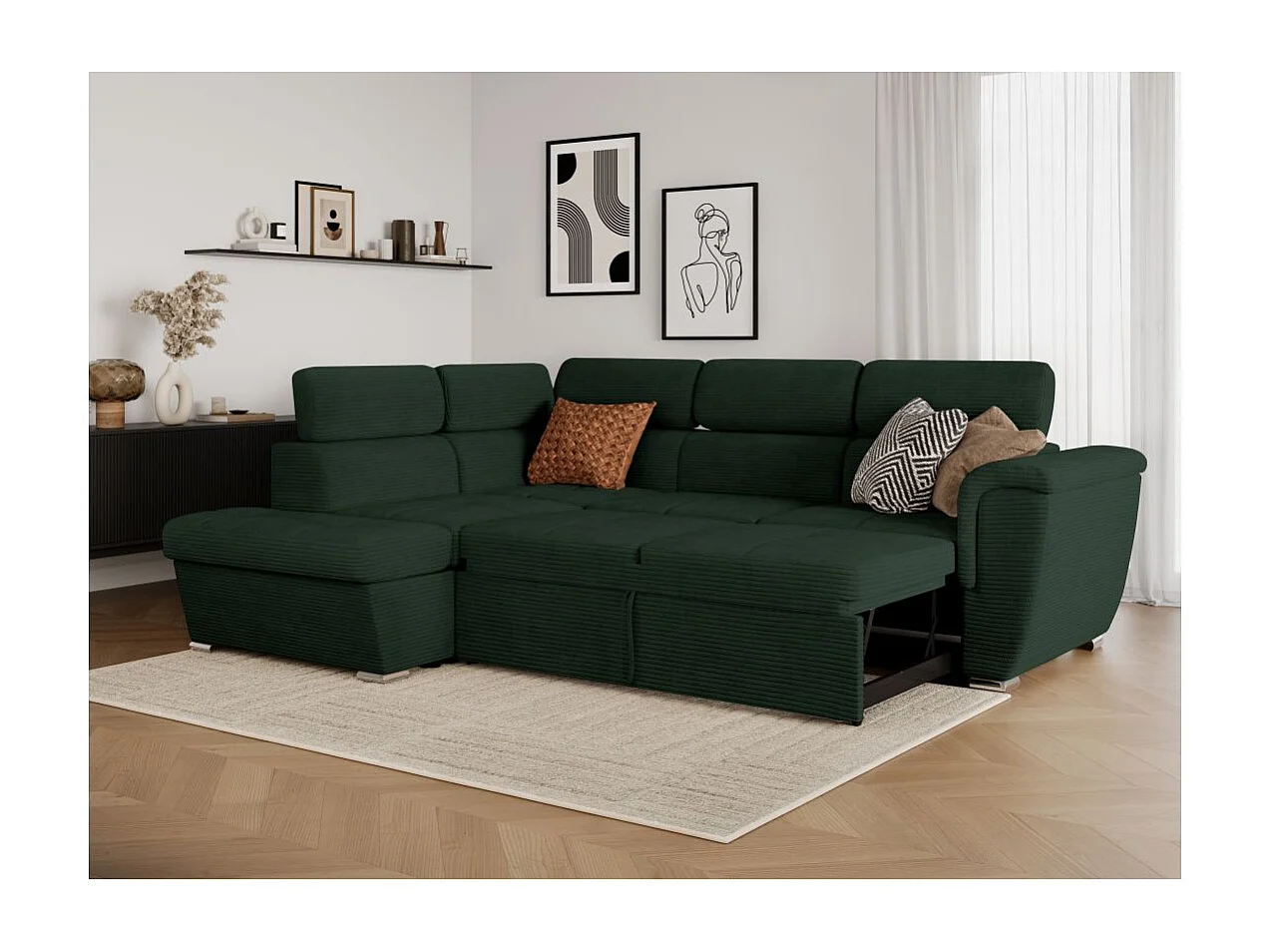 Canapé d'angle gauche 4 places Paola convertible avec coffre en velours côtelé - Vert foncé - L252 x P188 x H76cm - Loungitude