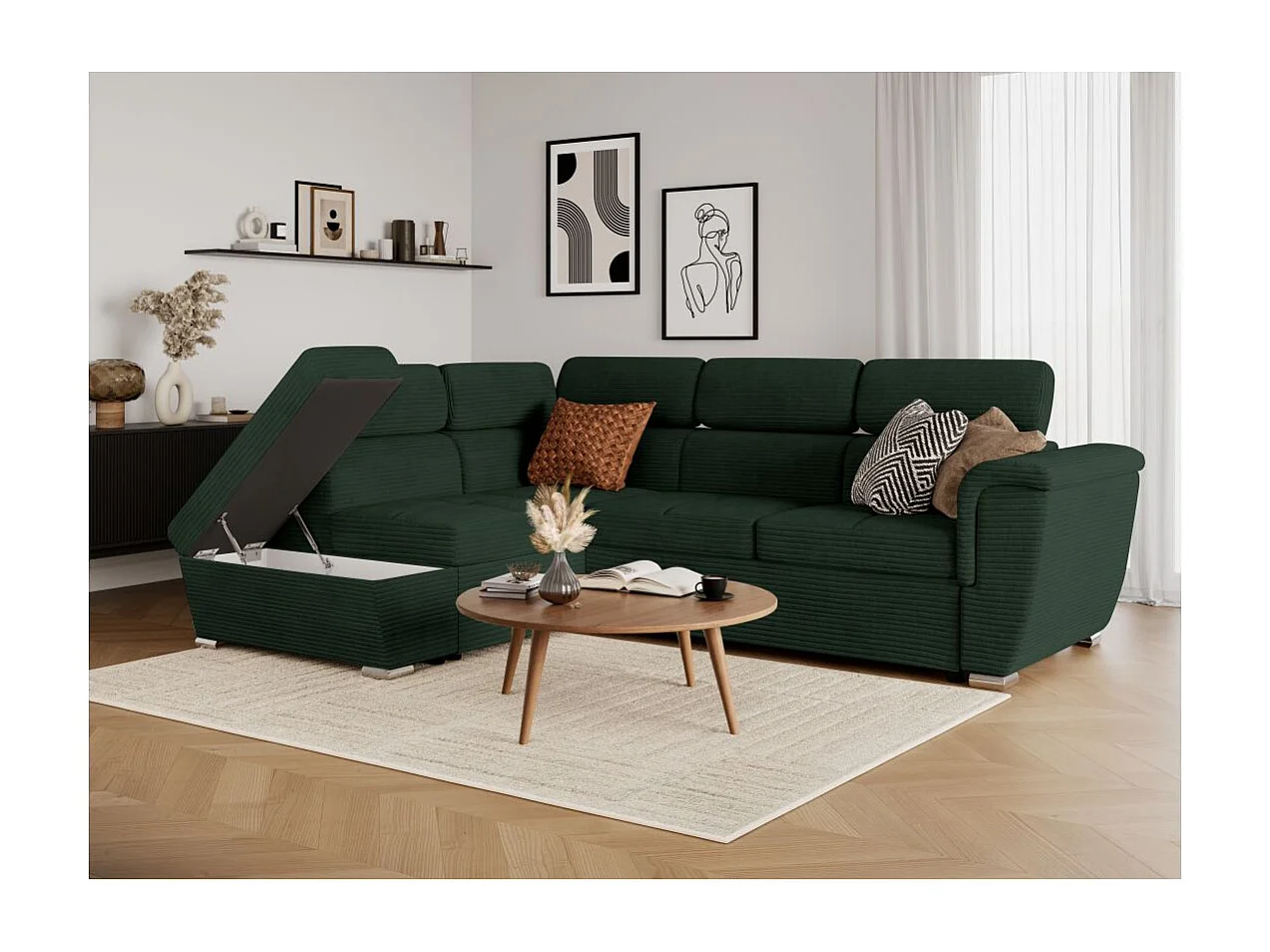 Canapé d'angle gauche 4 places Paola convertible avec coffre en velours côtelé - Vert foncé - L252 x P188 x H76cm - Loungitude