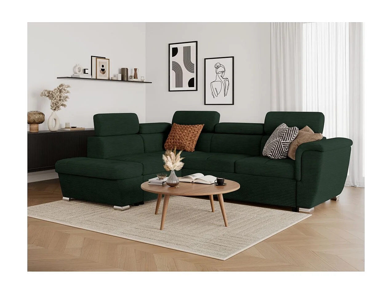 Canapé d'angle gauche 4 places Paola convertible avec coffre en velours côtelé - Vert foncé - L252 x P188 x H76cm - Loungitude