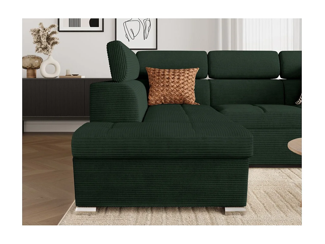 Canapé d'angle gauche 4 places Paola convertible avec coffre en velours côtelé - Vert foncé - L252 x P188 x H76cm - Loungitude