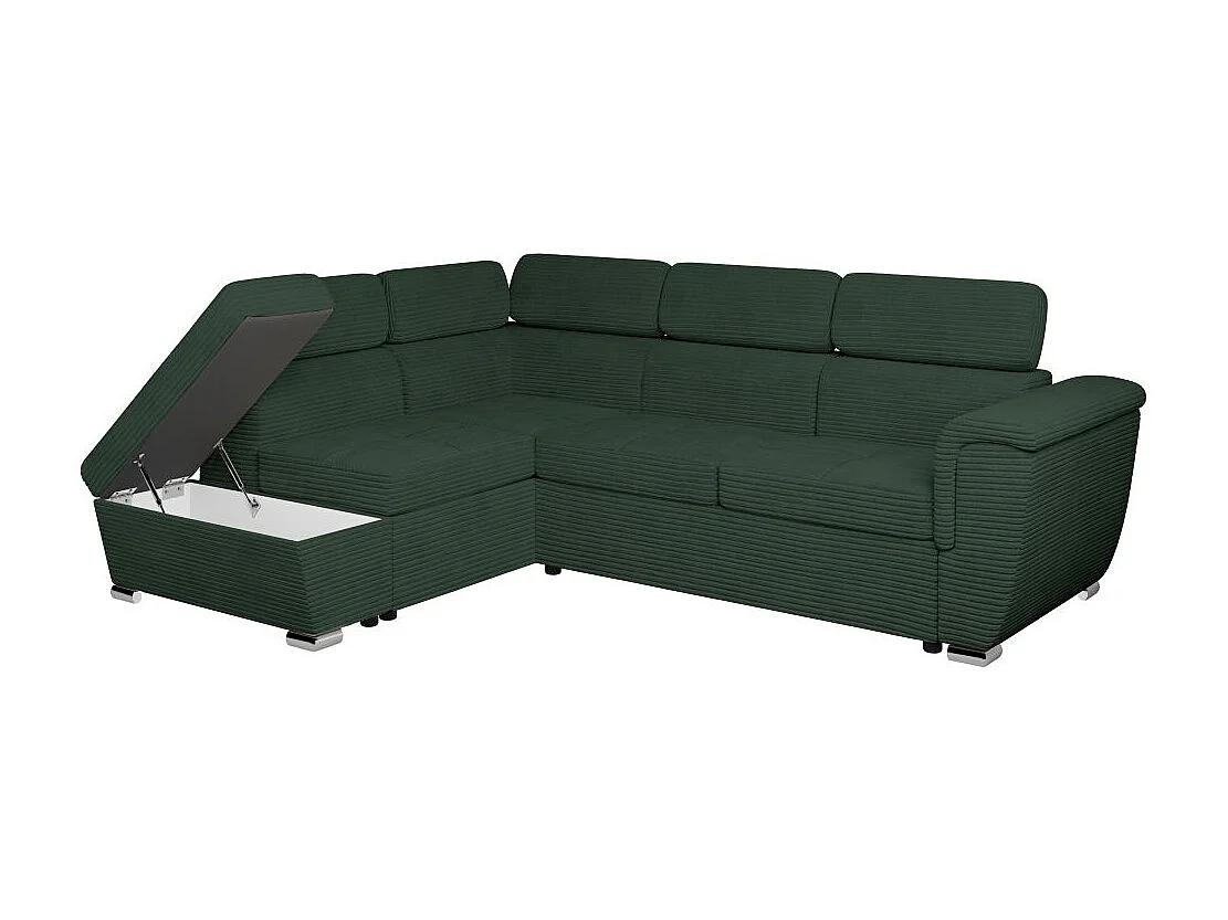 Canapé d'angle gauche 4 places Paola convertible avec coffre en velours côtelé - Vert foncé - L252 x P188 x H76cm - Loungitude