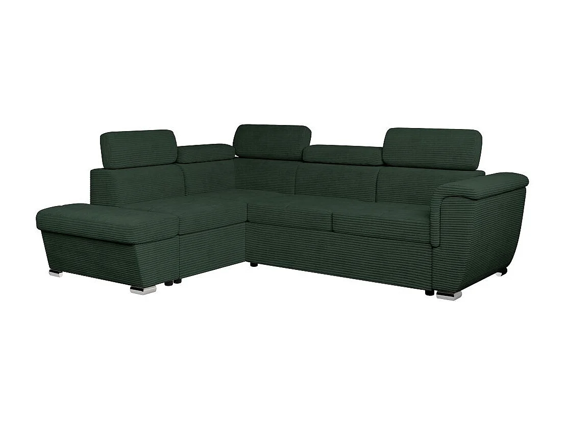 Canapé d'angle gauche 4 places Paola convertible avec coffre en velours côtelé - Vert foncé - L252 x P188 x H76cm - Loungitude
