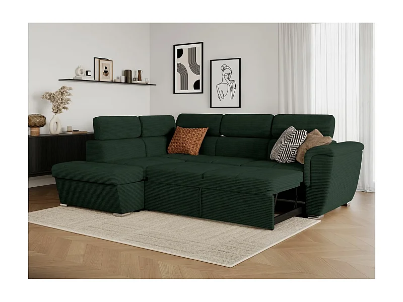 Canapé d'angle gauche 4 places Paola convertible avec coffre en velours côtelé - Vert foncé - L252 x P188 x H76cm - Loungitude