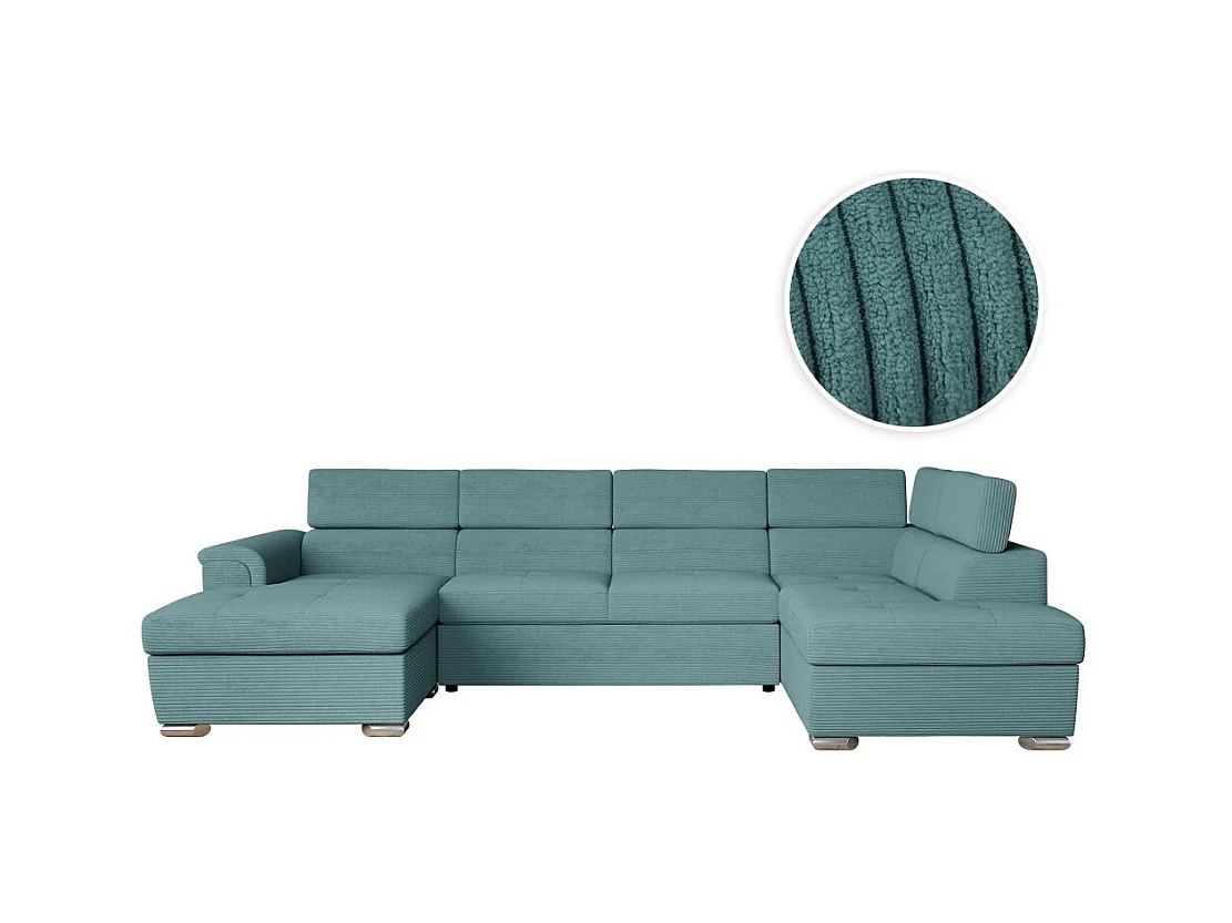 Canapé panoramique 6 places Paola convertible avec 2 coffres en velours côtelé - Bleu clair - L320,5 x P188 x H76cm - Loungitude