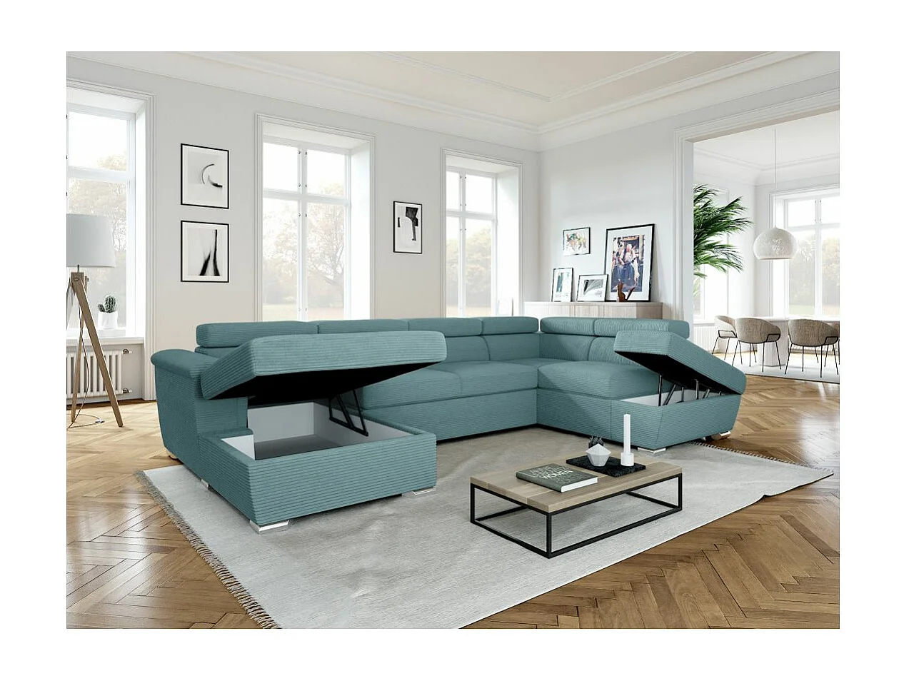 Canapé panoramique 6 places Paola convertible avec 2 coffres en velours côtelé - Bleu clair - L320,5 x P188 x H76cm - Loungitude