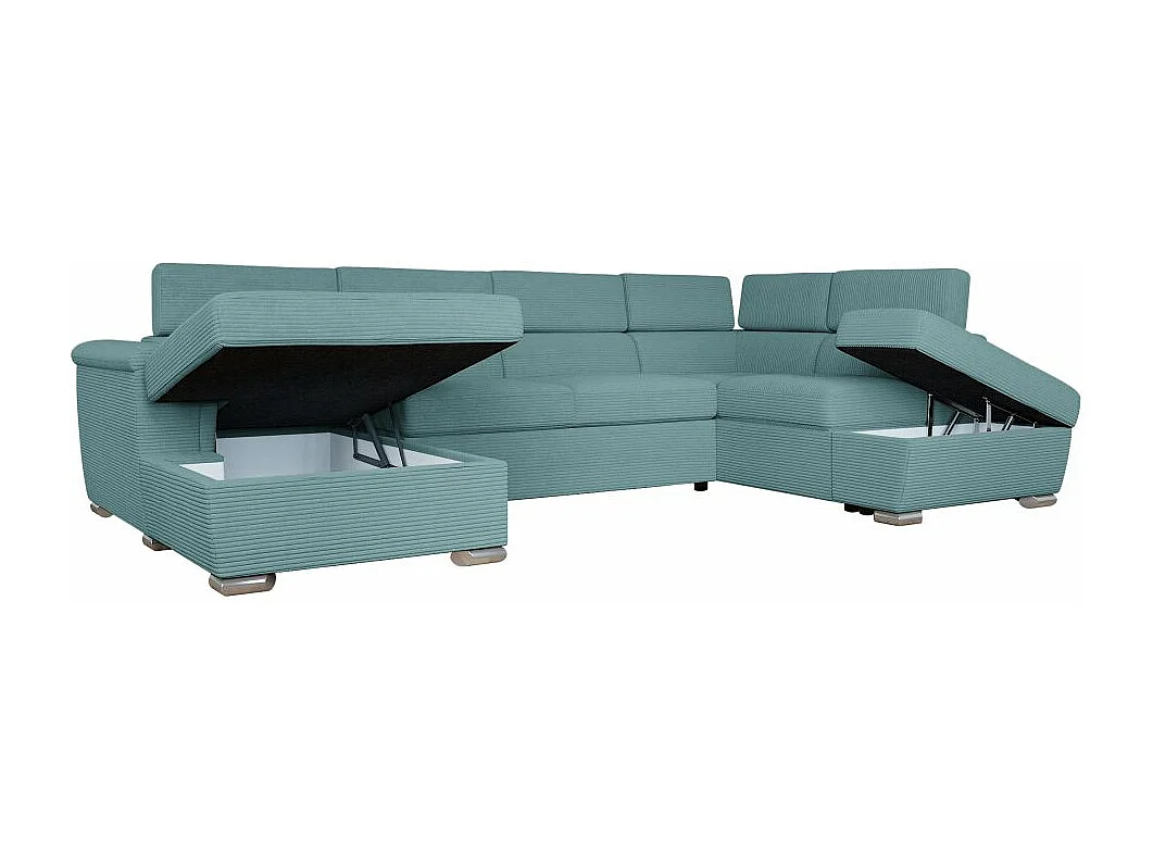 Canapé panoramique 6 places Paola convertible avec 2 coffres en velours côtelé - Bleu clair - L320,5 x P188 x H76cm - Loungitude