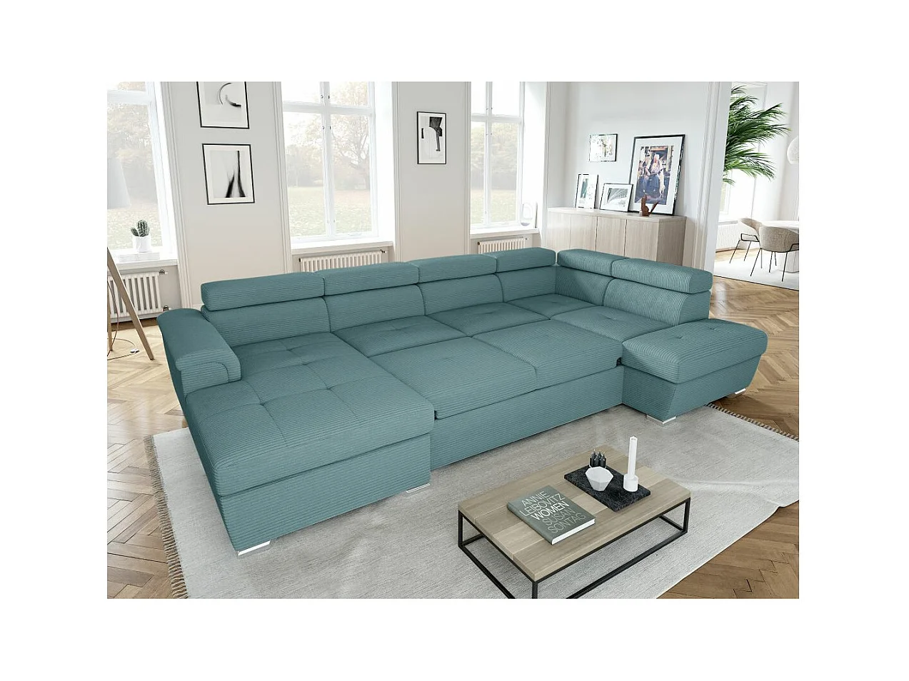 Canapé panoramique 6 places Paola convertible avec 2 coffres en velours côtelé - Bleu clair - L320,5 x P188 x H76cm - Loungitude
