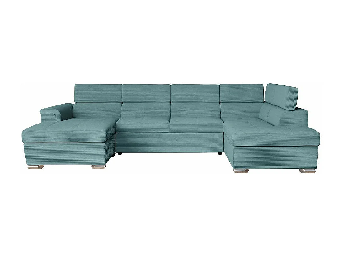 Canapé panoramique 6 places Paola convertible avec 2 coffres en velours côtelé - Bleu clair - L320,5 x P188 x H76cm - Loungitude