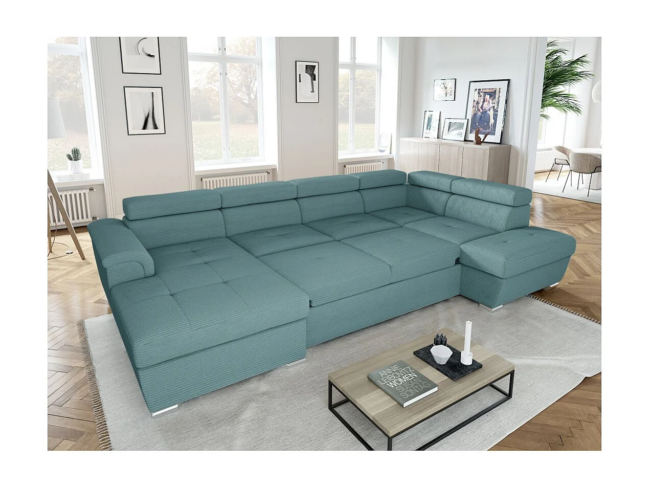Canapé panoramique 6 places Paola convertible avec 2 coffres en velours côtelé - Bleu clair - L320,5 x P188 x H76cm - Loungitude