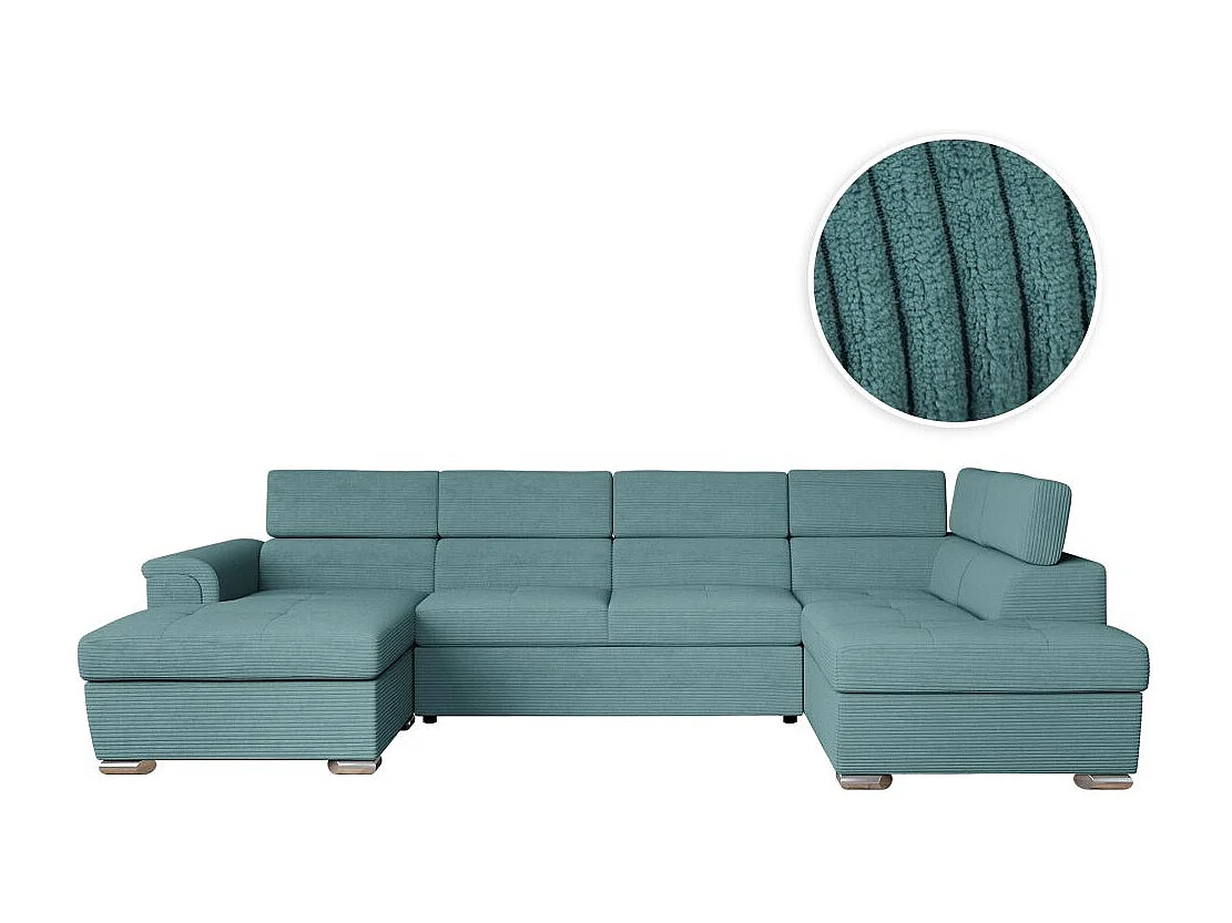 Canapé panoramique 6 places Paola convertible avec 2 coffres en velours côtelé - Bleu clair - L320,5 x P188 x H76cm - Loungitude