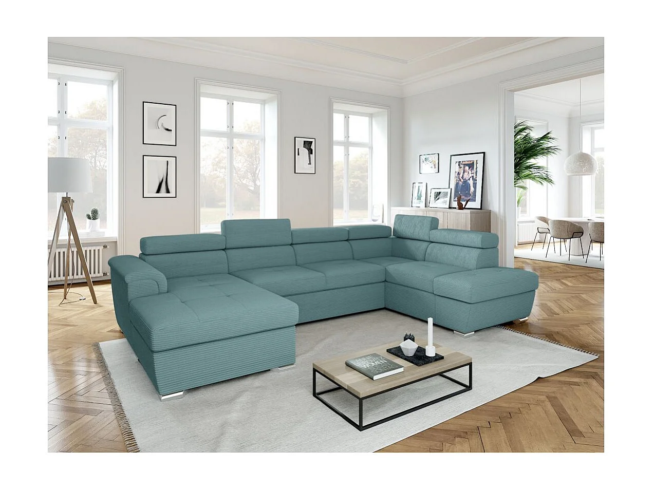 Canapé panoramique 6 places Paola convertible avec 2 coffres en velours côtelé - Bleu clair - L320,5 x P188 x H76cm - Loungitude