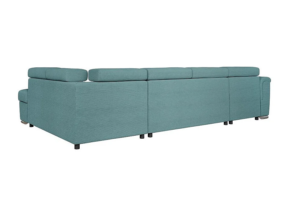 Canapé panoramique 6 places Paola convertible avec 2 coffres en velours côtelé - Bleu clair - L320,5 x P188 x H76cm - Loungitude
