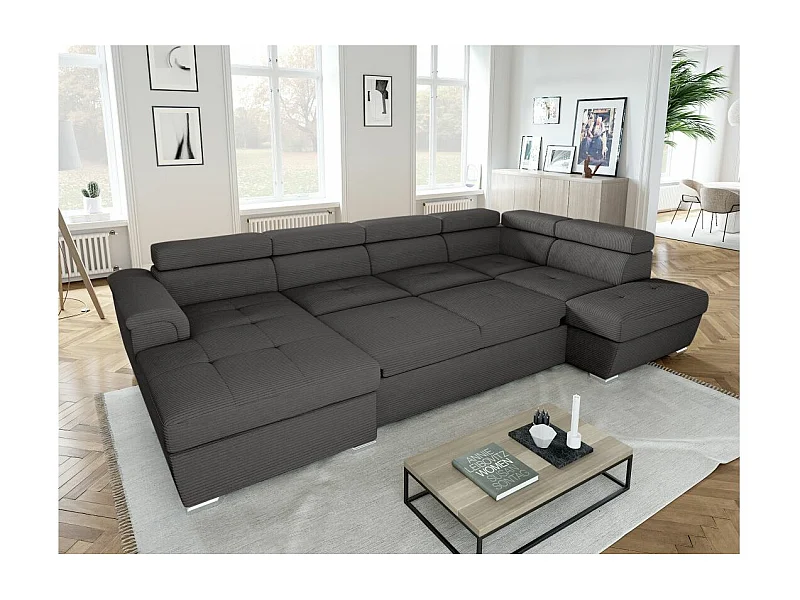 Canapé panoramique 6 places Paola convertible avec 2 coffres en velours côtelé - Gris - L320,5 x P188 x H76cm - Loungitude
