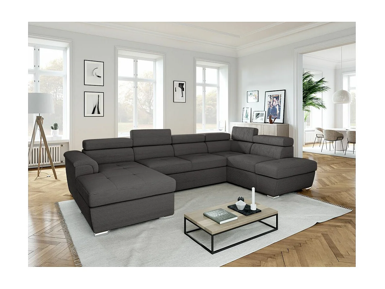 Canapé panoramique 6 places Paola convertible avec 2 coffres en velours côtelé - Gris - L320,5 x P188 x H76cm - Loungitude