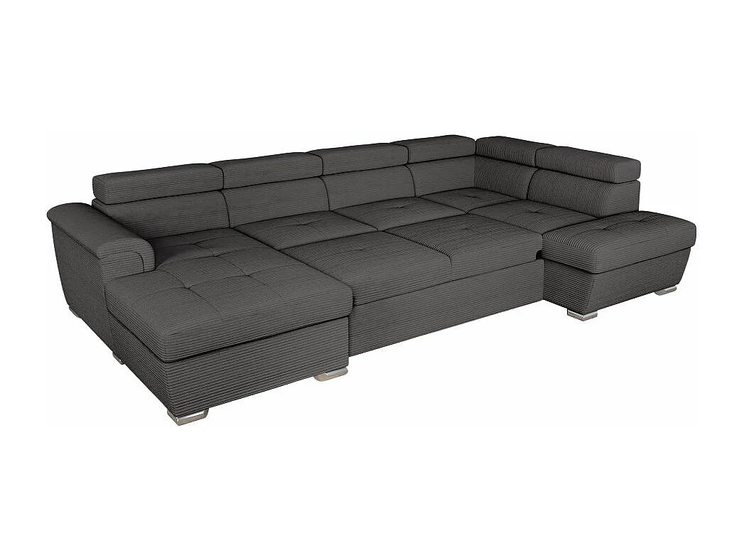 Canapé panoramique 6 places Paola convertible avec 2 coffres en velours côtelé - Gris - L320,5 x P188 x H76cm - Loungitude