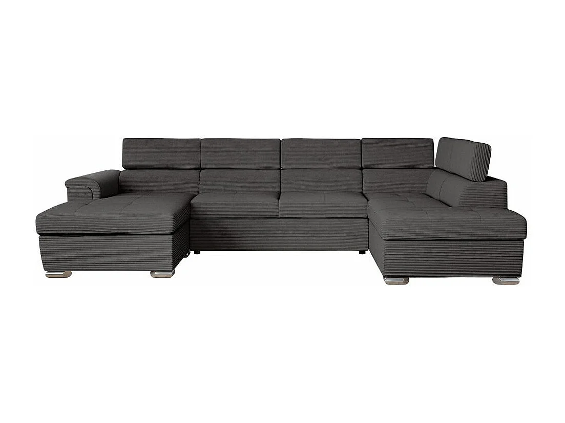 Canapé panoramique 6 places Paola convertible avec 2 coffres en velours côtelé - Gris - L320,5 x P188 x H76cm - Loungitude