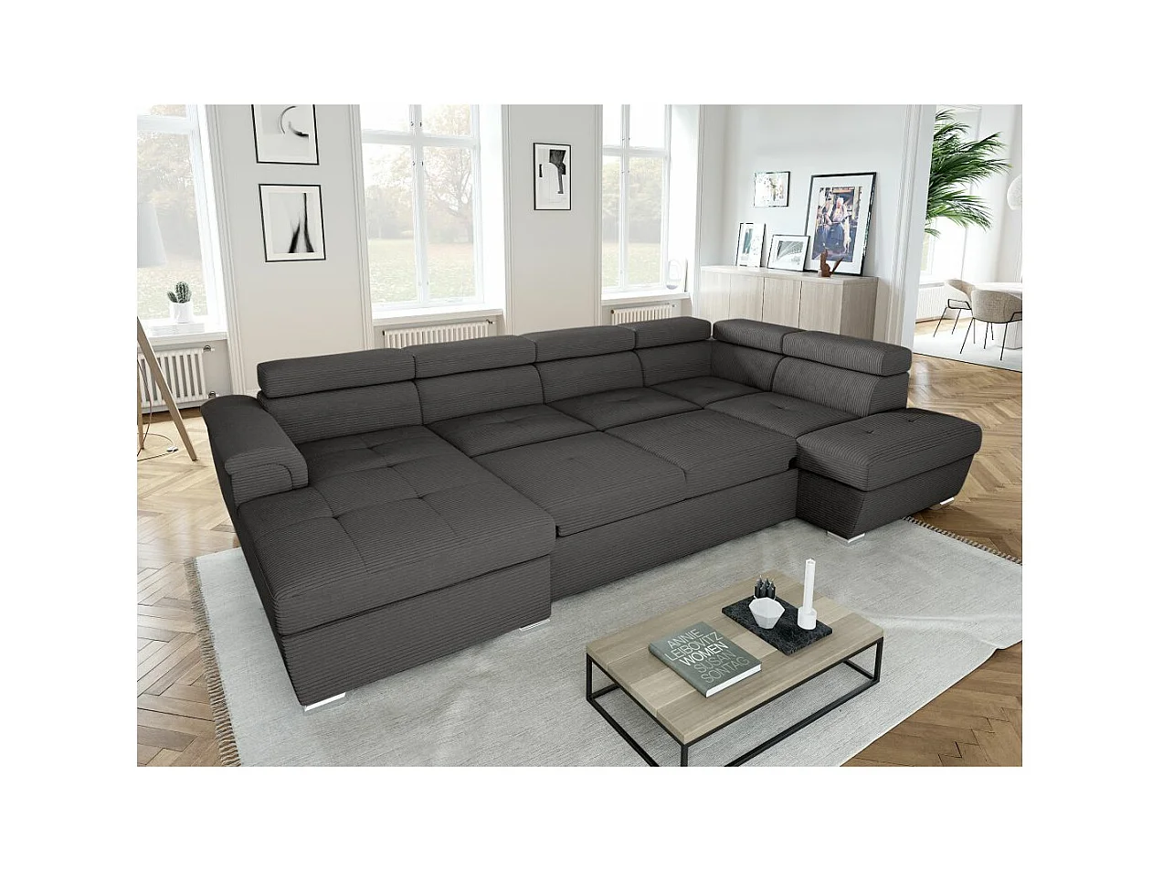 Canapé panoramique 6 places Paola convertible avec 2 coffres en velours côtelé - Gris - L320,5 x P188 x H76cm - Loungitude