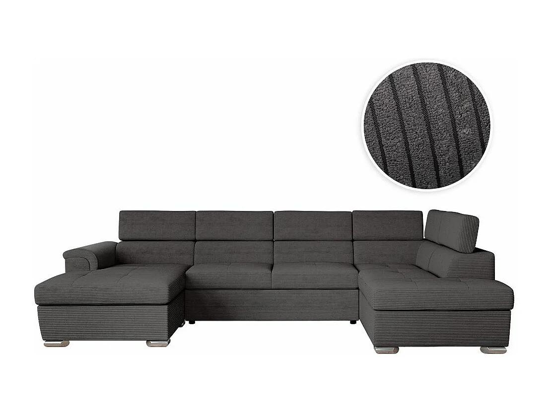 Canapé panoramique 6 places Paola convertible avec 2 coffres en velours côtelé - Gris - L320,5 x P188 x H76cm - Loungitude