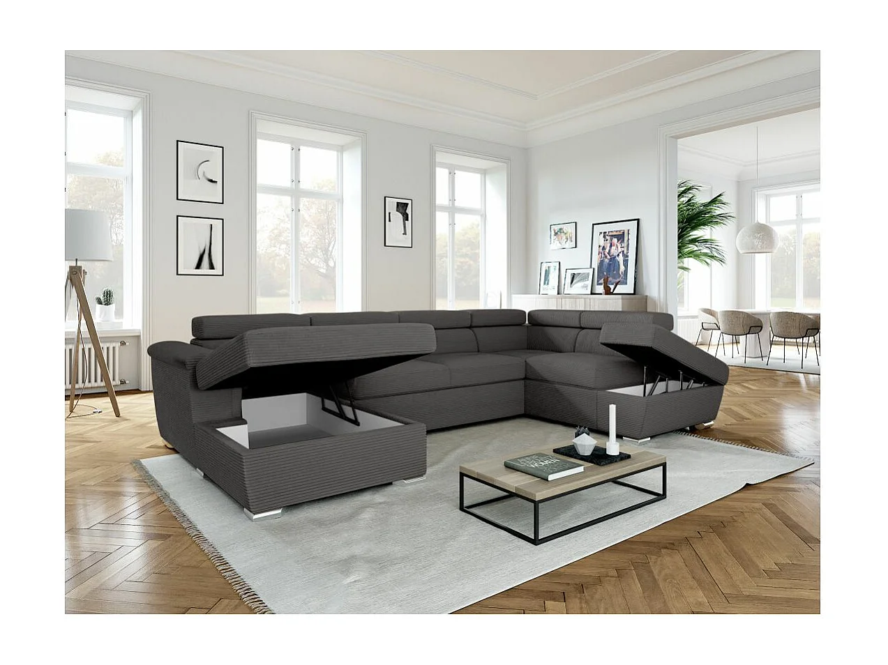 Canapé panoramique 6 places Paola convertible avec 2 coffres en velours côtelé - Gris - L320,5 x P188 x H76cm - Loungitude